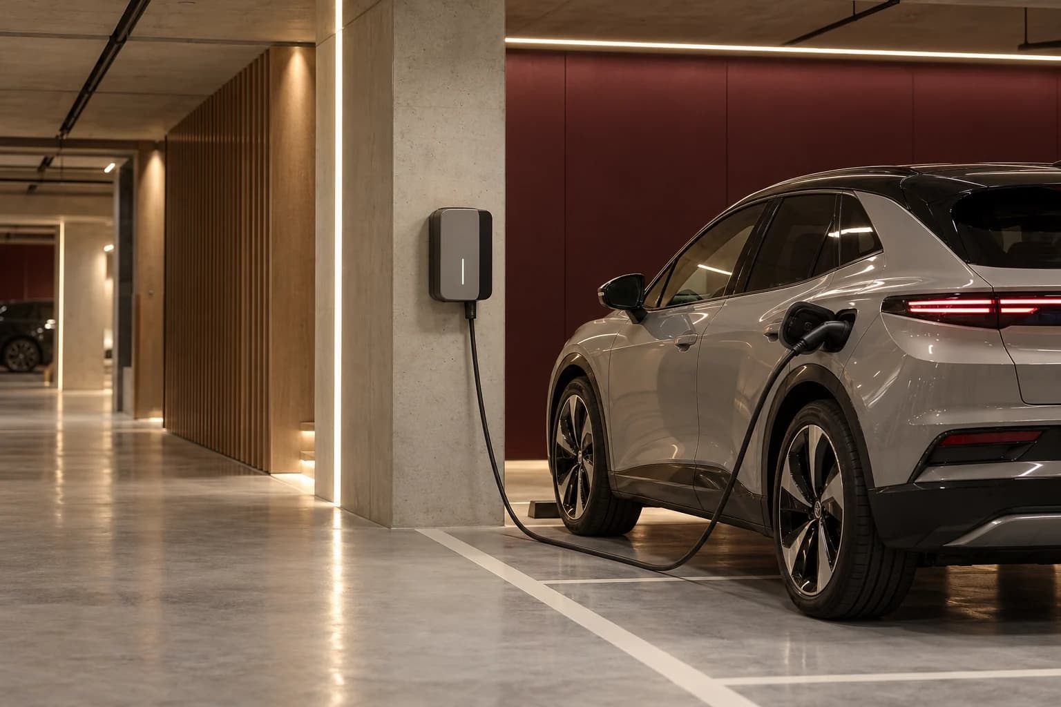 Samochód elektryczny podłączony do ładowarki w eleganckim garażu podziemnym